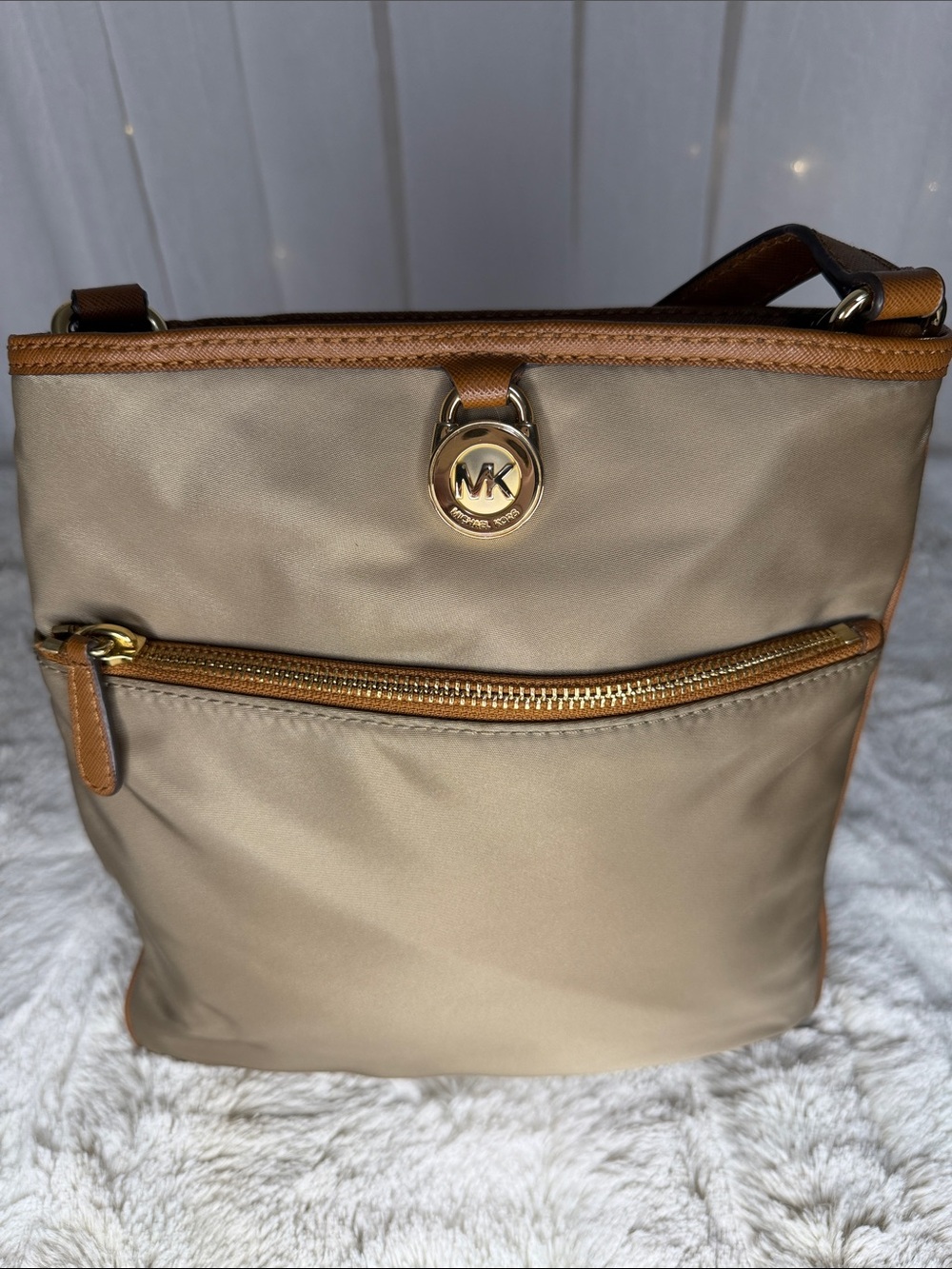 Michael Kors Taupe Crossbody with Tan Trim and Gold Hardware